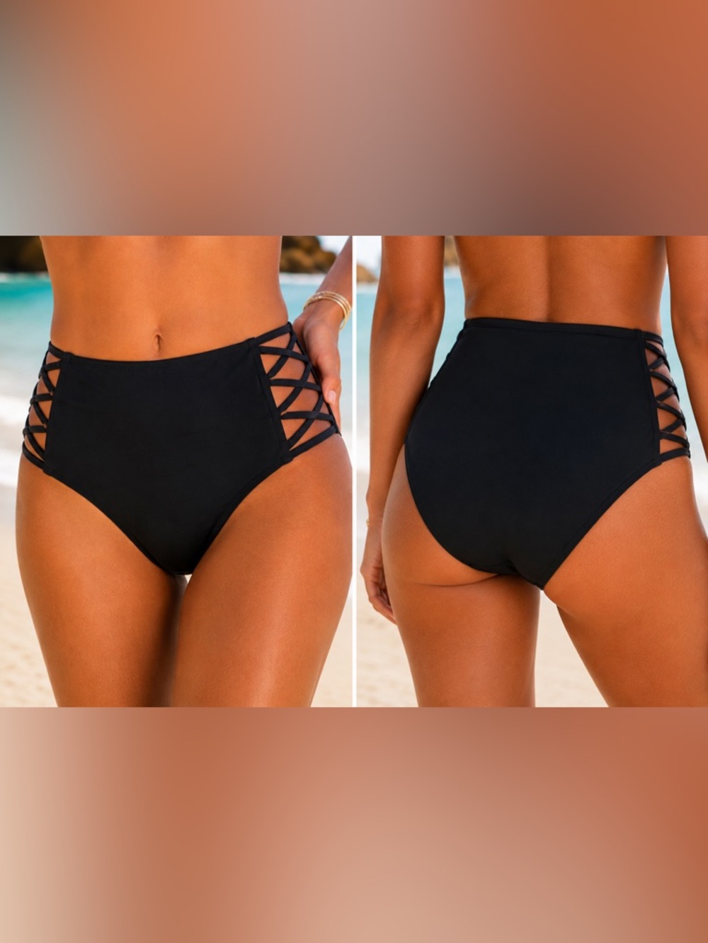 Shade & Shore Black High Waist Lattice Side Bikini Bottoms S NWT